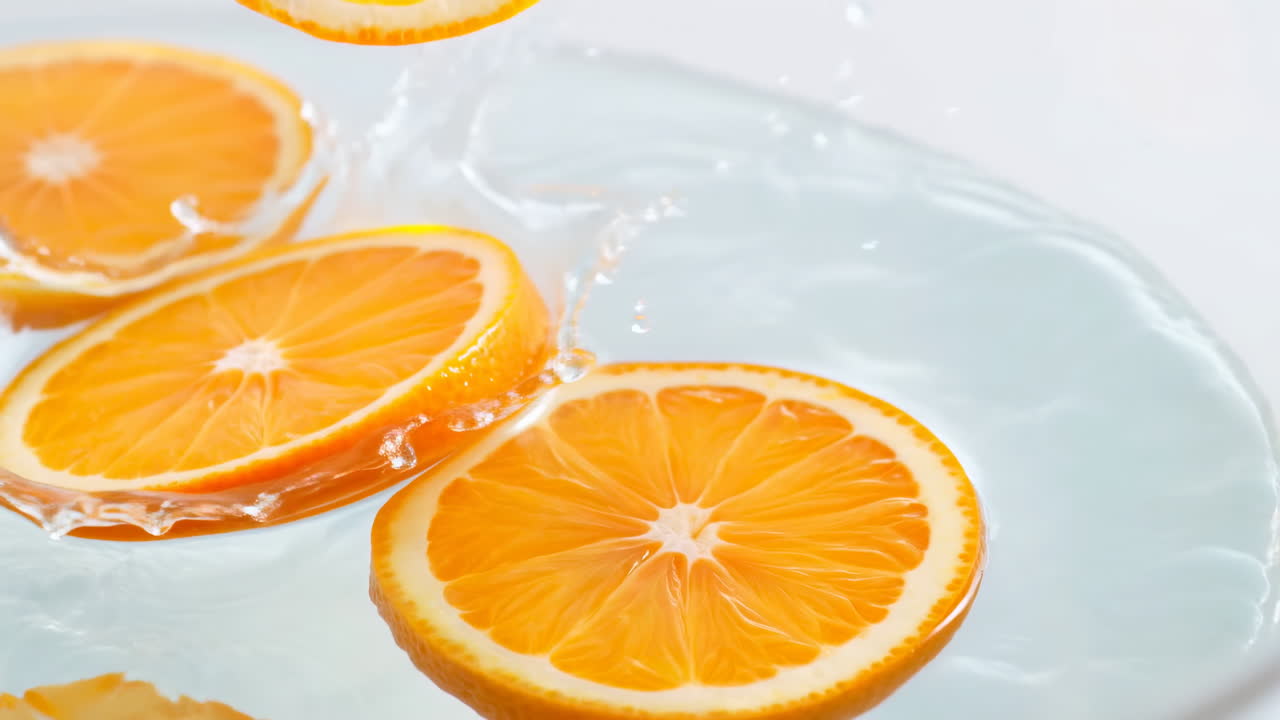 Fette d'arancia che schizzano in una ciotola d'acqua trasparente, scatto in studio ad alta velocità di dischi di agrumi che colpiscono la superficie