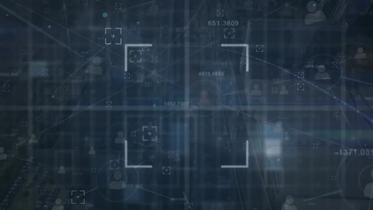 Animation of viewfinders over connected icons over electronic component in background