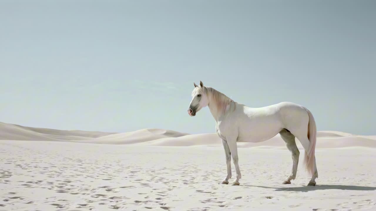 A majestic white horse stands in a vast desert landscape, captured from a low-angle