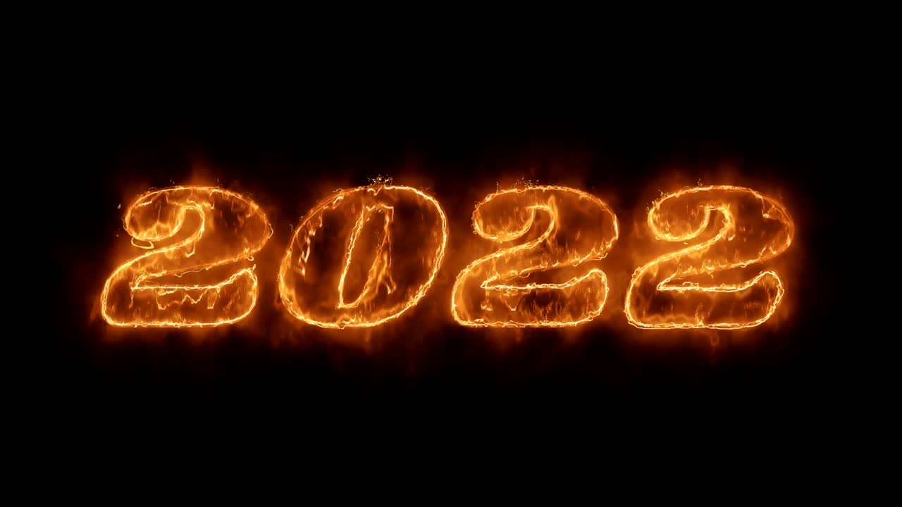 nuevo año 2022 palabra animada caliente ardiendo ciclo de llama de fuego realista.