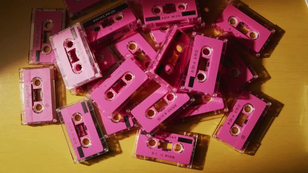Telecamera che si sposta centrando una pila di cassette rosa su un tavolo giallo, rivelando un telefono.
