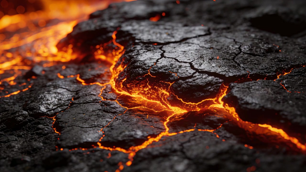 La telecamera panoramica rivela una crosta di lava crepata, con vene fuse che pulsano e mostrano il flusso sotterraneo.
