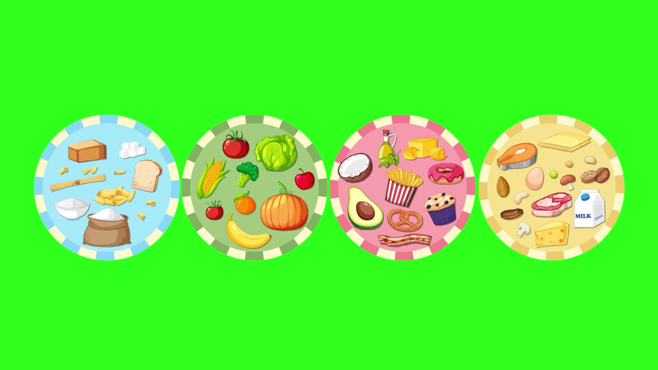 Four illustrated food group icons smoothly rotate horizontally over a bright green chroma key background