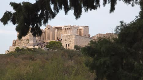 parthenon seen through trees in athens, greece