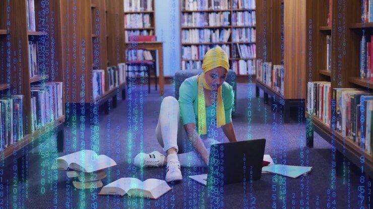 Animation of ai text and data over biracial female student in hijab with laptop