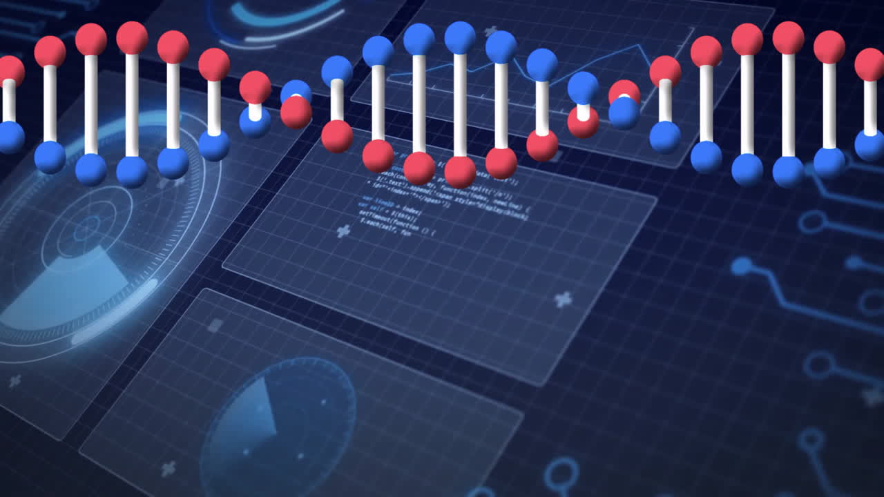 DNA strand with binary coding, scientific data processing in animation style