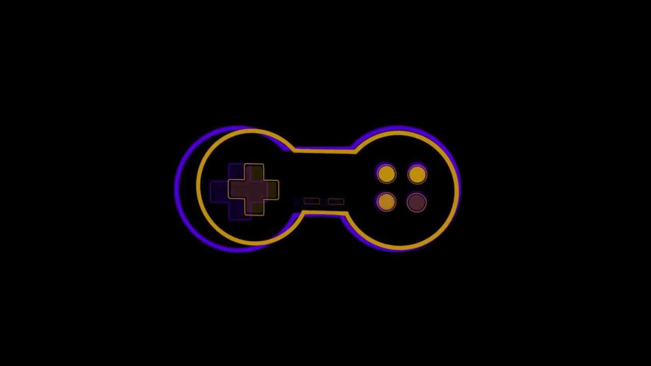 노란색과 보라색의 비디오 게임 로고의 애니메이션