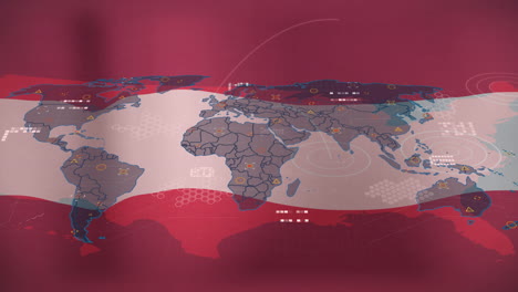 world map with data points and connections animation over red background