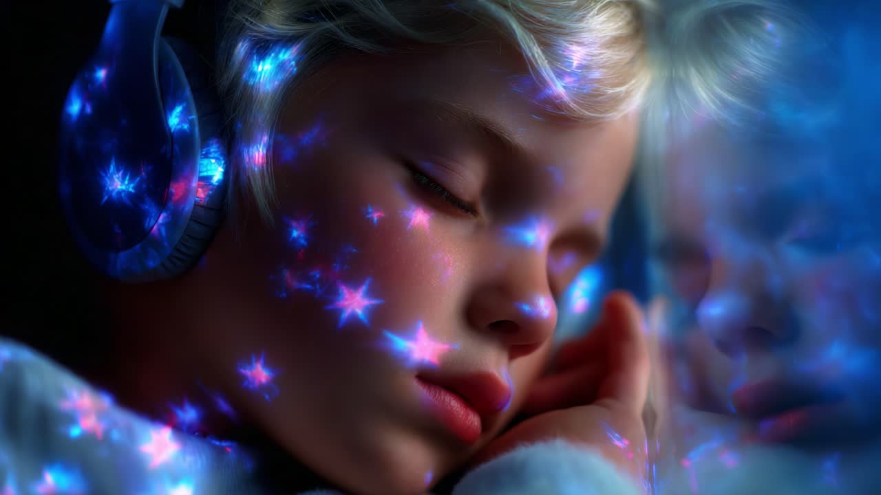 Un voyage de rêve : un enfant paisible avec un casque audio, entouré de projections étoilées éthérées, capturant l’essence de la tranquillité et de l’imagination, transportant vers un royaume fantastique de pensées sereines.