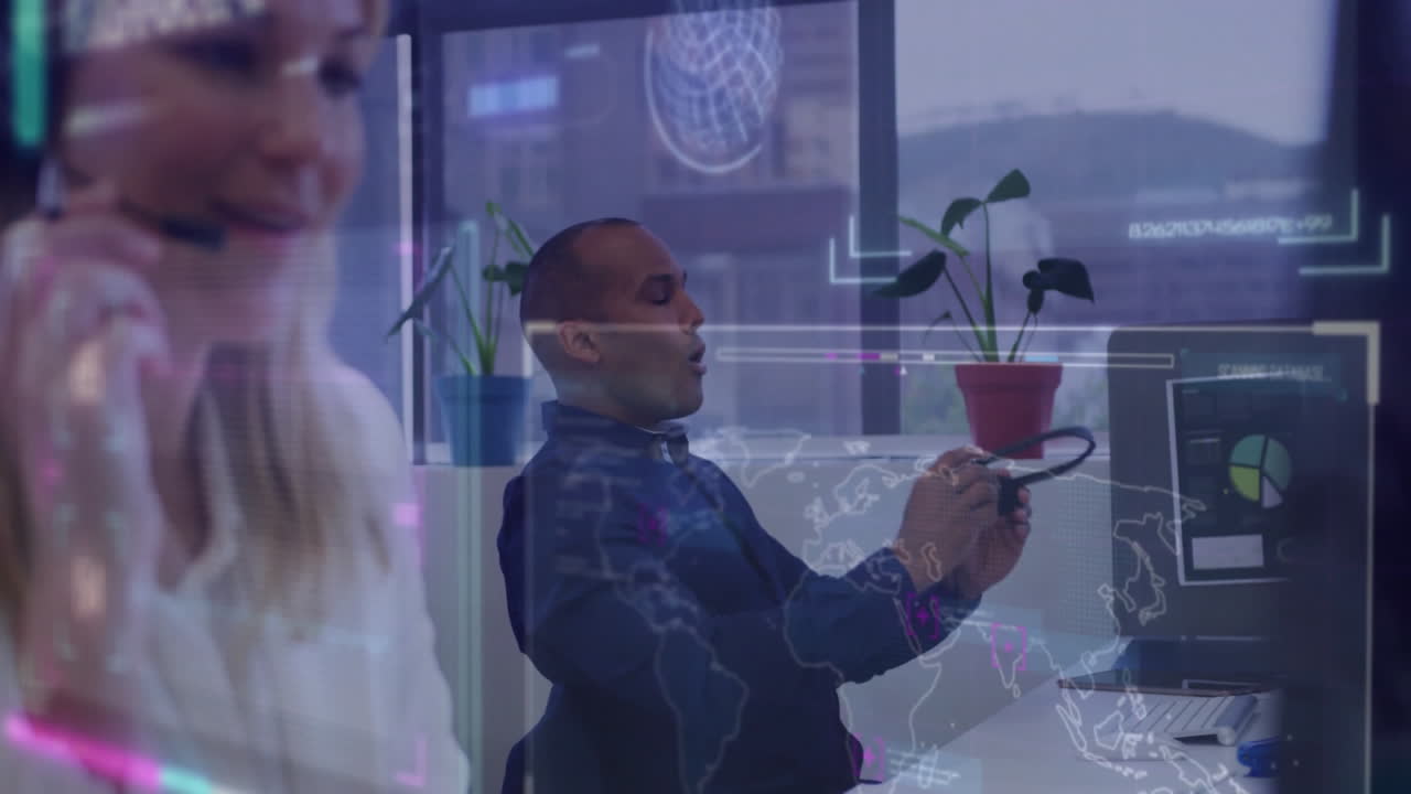 Using smartphone, businessman with world map and data processing animation in office