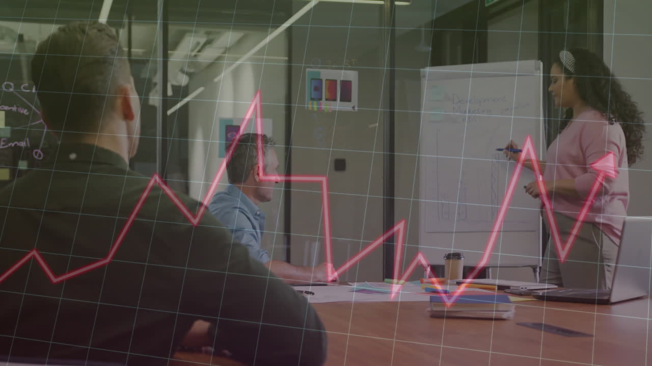 Animation of financial data processing over diverse business people in office