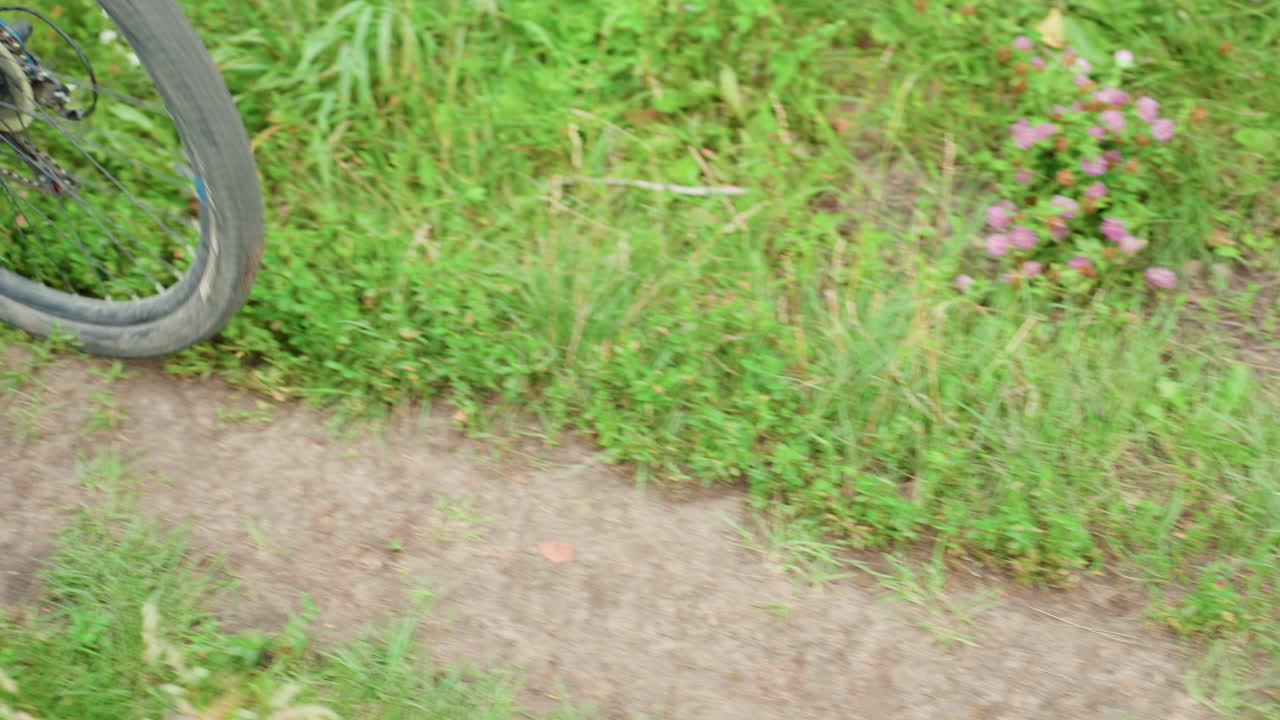 흙길 위의 파란색 자전거 바퀴와 페달, 샌들과 반바지를 입은 라이더가 풀이 무성한 길을 따라 페달을 밟고 있습니다. 흙이 튄 타이어, 회전하는 스포크, 디스크 브레이크, 여름 야외 레저 및 가벼운 운동을 가까이에서 촬영했습니다.