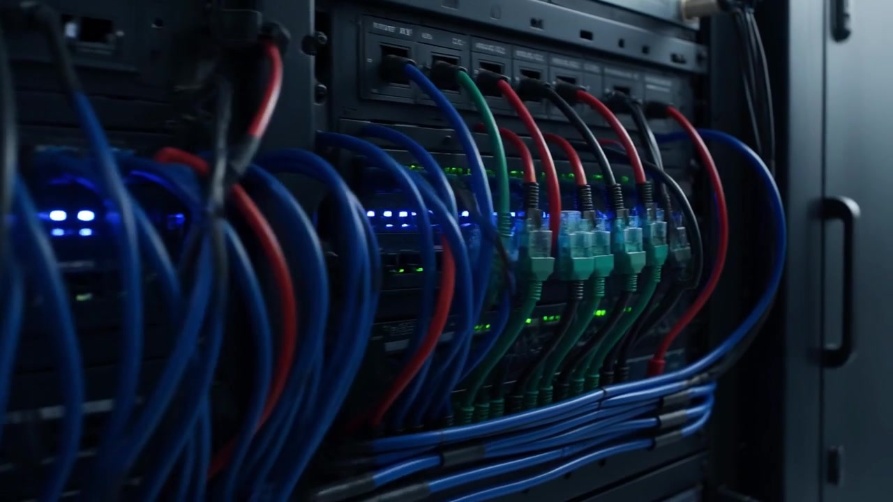 Modern Data Center with Rows of Server Racks and Blinking Network Cables