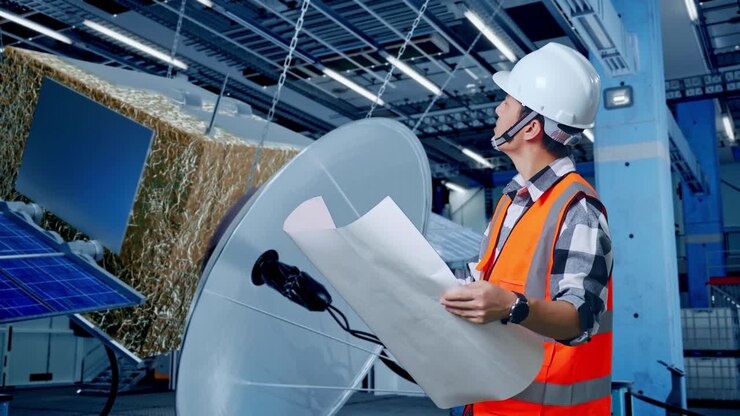 Engineer Reviewing Plans for Satellite Equipment