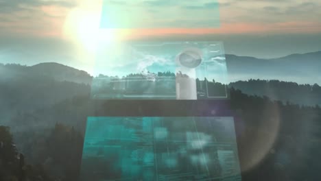Animation of screens with data processing over landscape