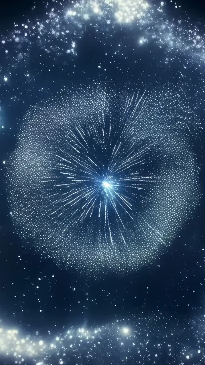 Video verticale: anello di particelle pulsante che emette raggi e bagliori nel cielo blu scuro, formando cluster