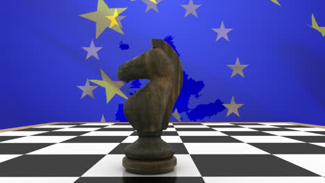 animación del caballero en el tablero de ajedrez y la bandera de la unión europea sobre el mapa contra un fondo azul