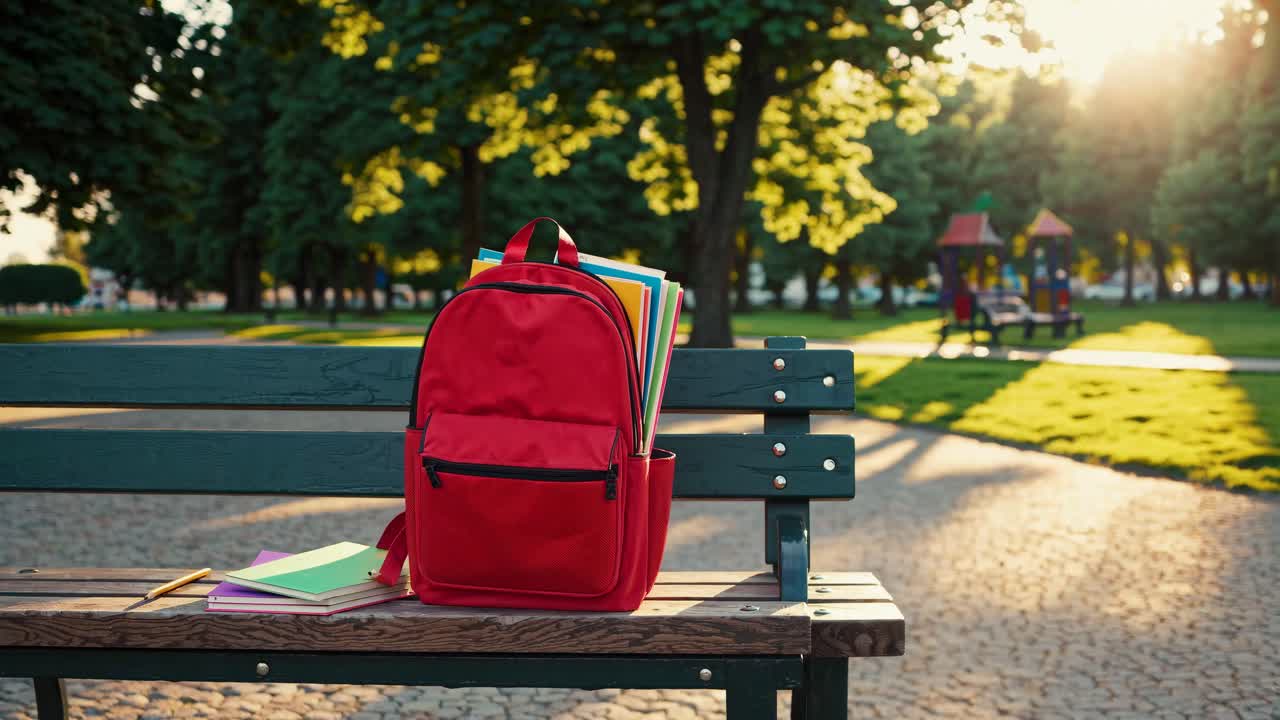 A vibrant red backpack on a park bench, shot at eye level