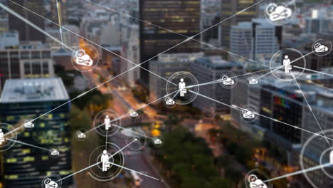 animation of network of connections over cityscape