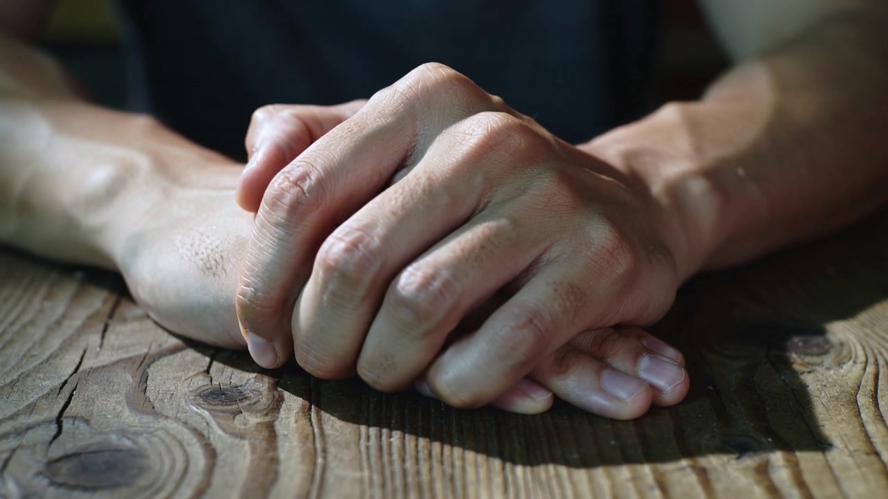 Homem de camisa de manga curta em pausa, apertando as mãos unidas em uma mesa de madeira, mostrando a veia do antebraço.
