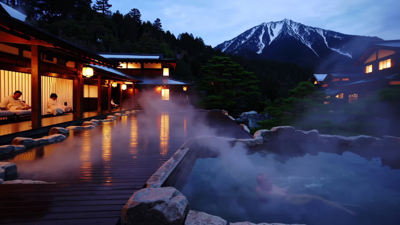 Japanese onsen at night with mountain view