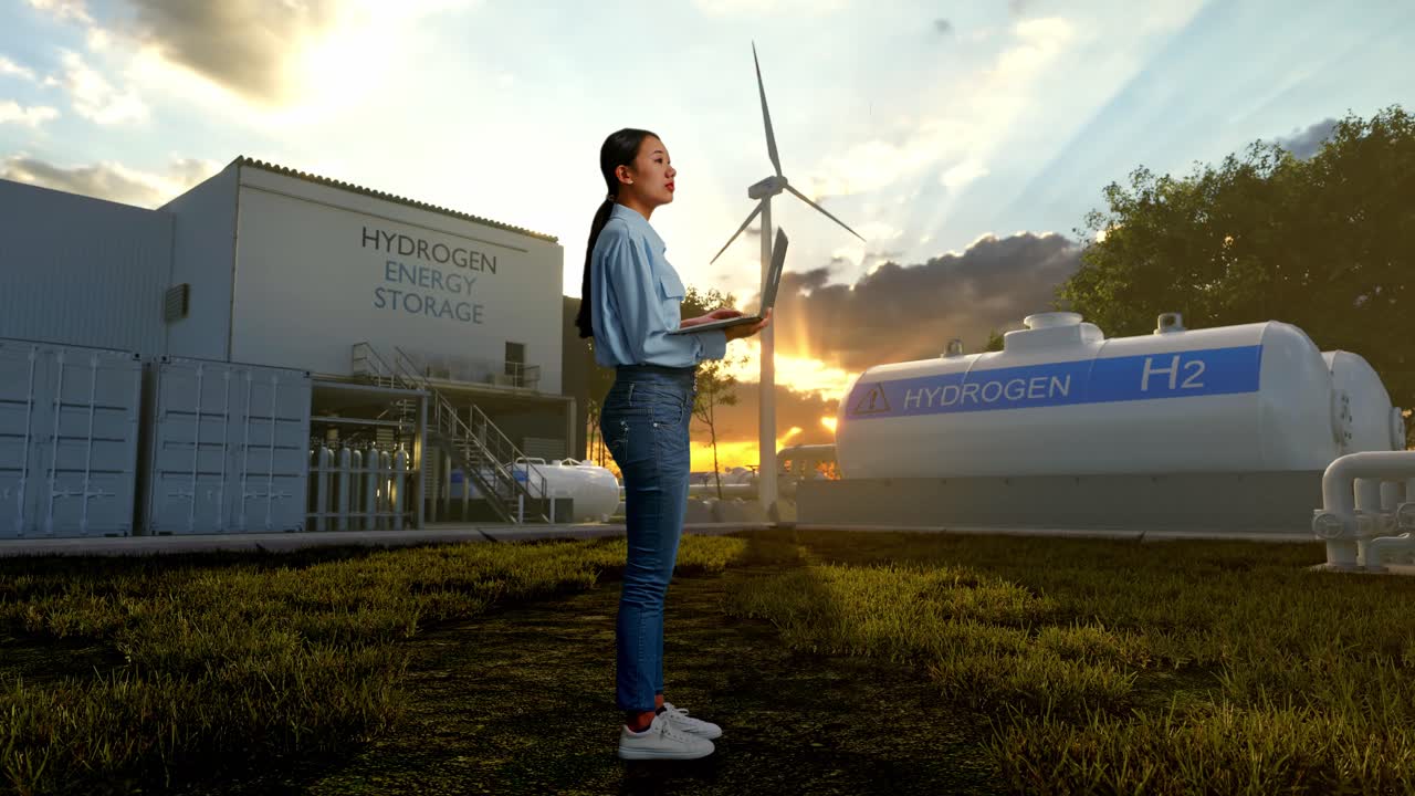 하이테크 산업 시설인 녹색 수소 공장에서 서 있는 아시아 여성 노동자가 노트북에 집중하고 타이핑을 계속하기 전에 눈을 올려보고 관찰합니다.