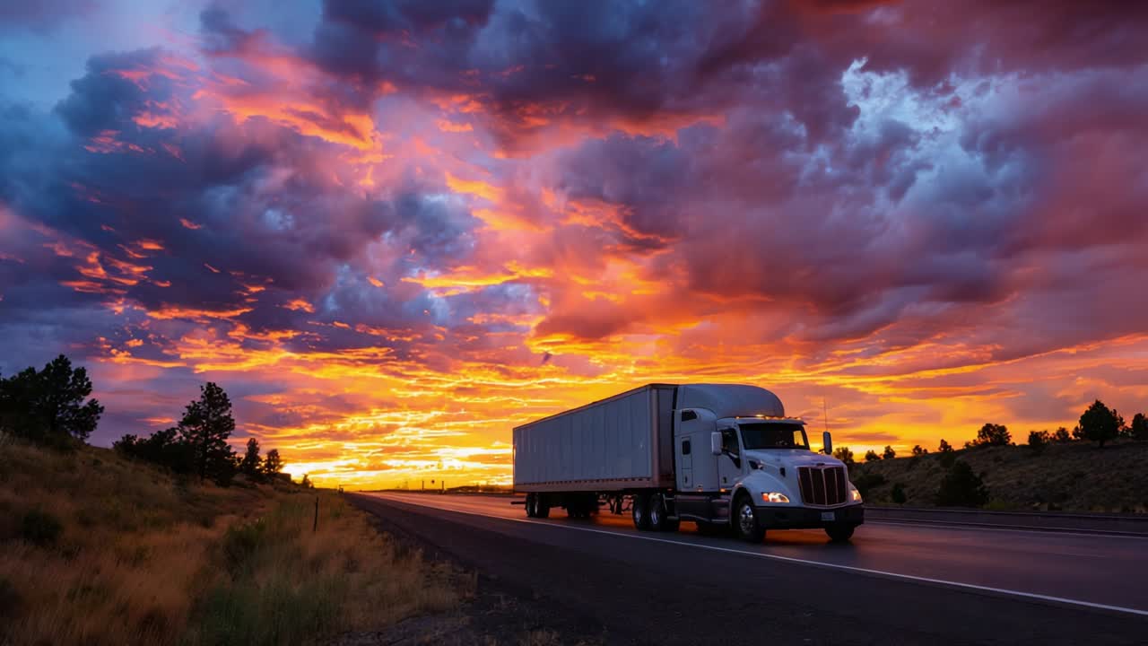A Majestic Sunset Scene Featuring a Truck Driving Along an Open Highway, Bathed in Vibrant Orange, Purple, and Blue Hues with Striking Cloud Formations Creating a Dramatic and Breathtaking Atmosphere