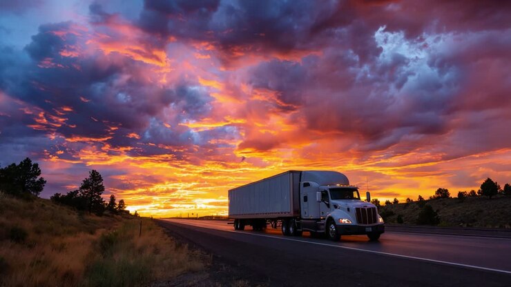 A Majestic Sunset Scene Featuring a Truck Driving Along an Open Highway, Bathed in Vibrant Orange, Purple, and Blue Hues with Striking Cloud Formations Creating a Dramatic and Breathtaking Atmosphere