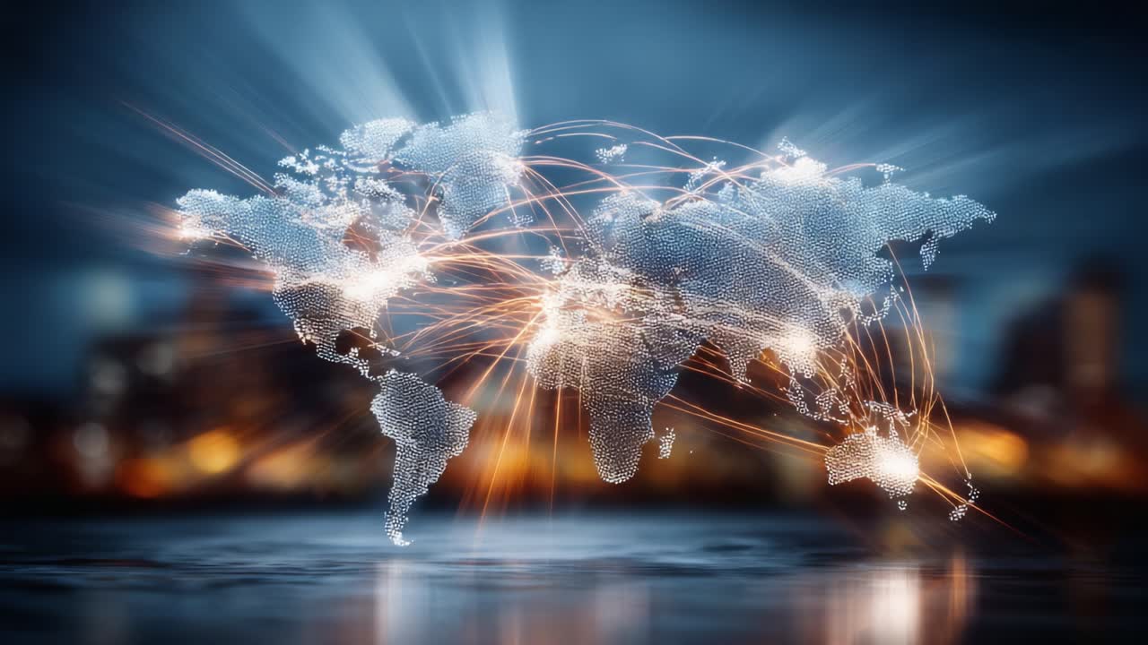 A Dual Perspective of a Global Network Representation: Illuminated World Map with Connecting Lines Symbolizing Modern Connectivity and Digital Interaction