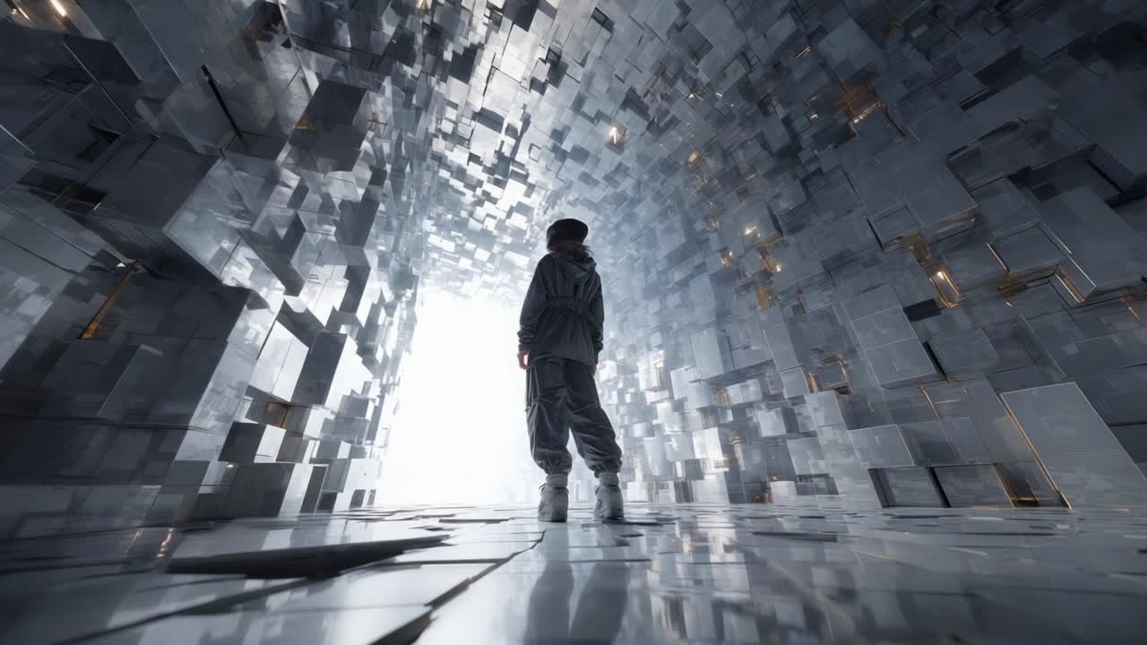 A person standing in a futuristic tunnel