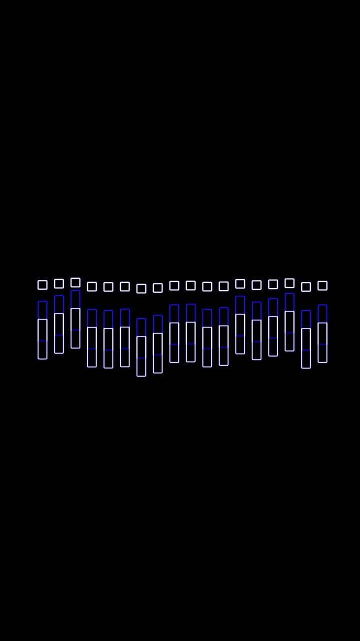 Animation of neon blue vertical bars moving up and down, seamless loop for social media on black background