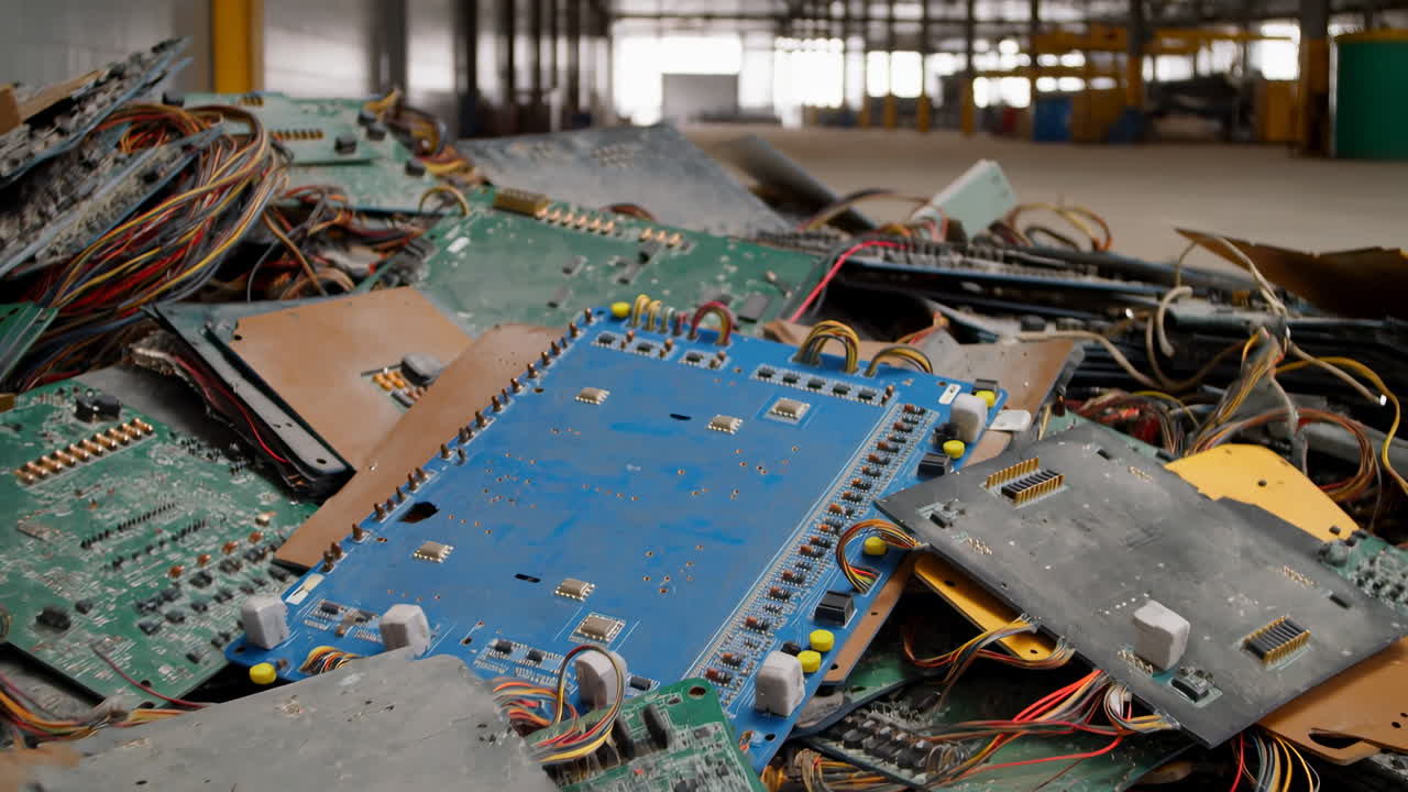 Pile of Discarded Electronic Waste and Circuit Boards