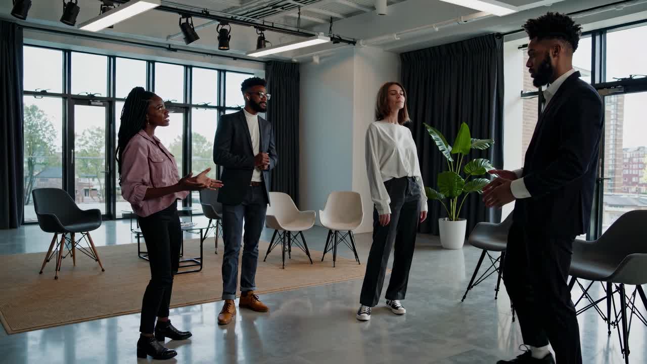 Modern office video scene with diverse team in discussion