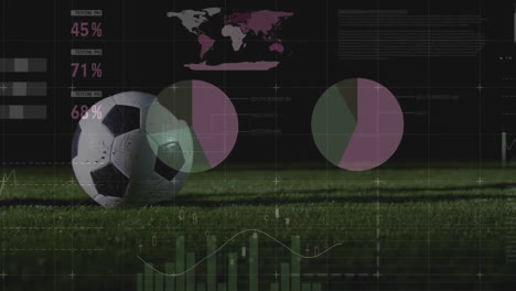 animación del procesamiento de datos financieros sobre las piernas de un jugador de fútbol masculino con una pelota
