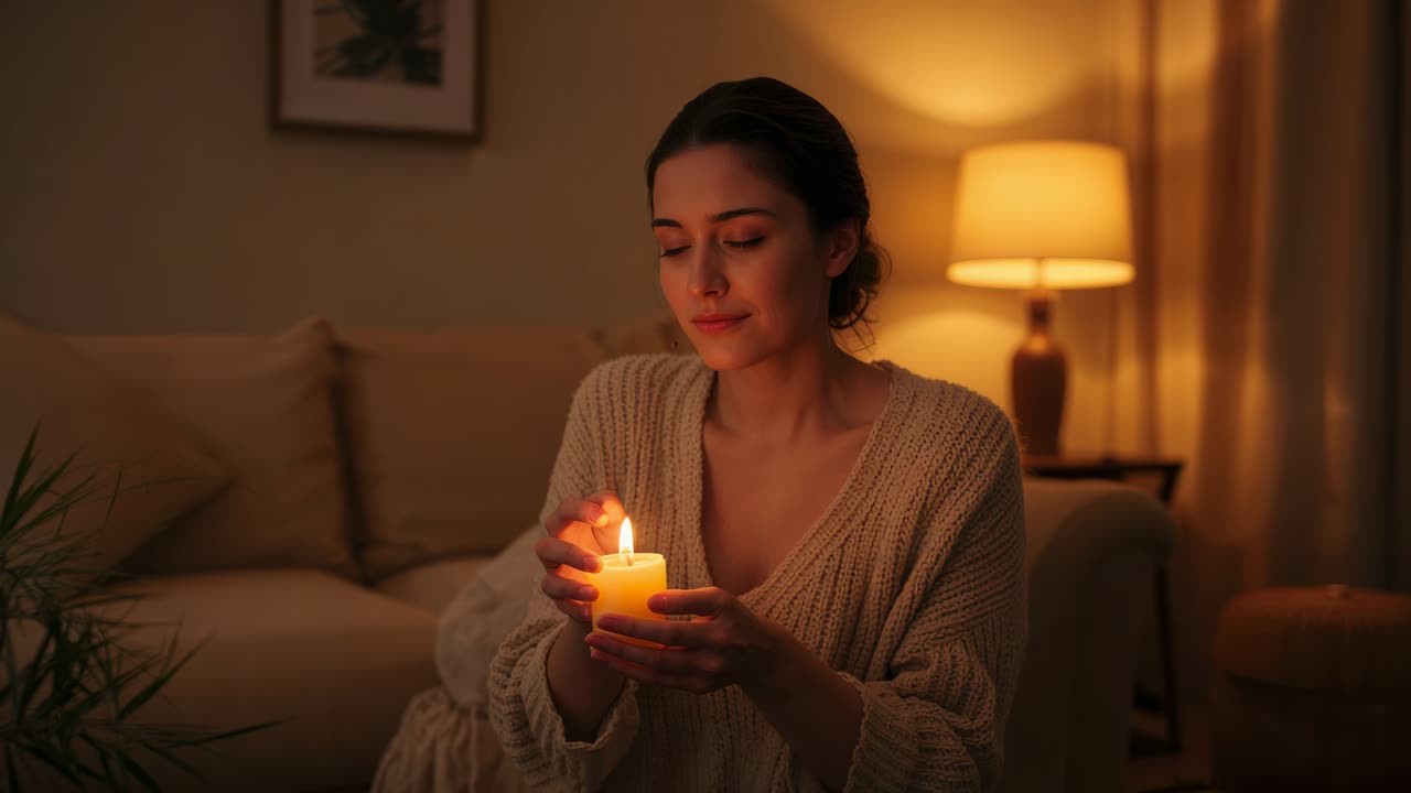 Reazione allo sfarfallio di una candela: donna in maglione di lana che sorregge una candela, sorridendo nel soggiorno per un momento di calma