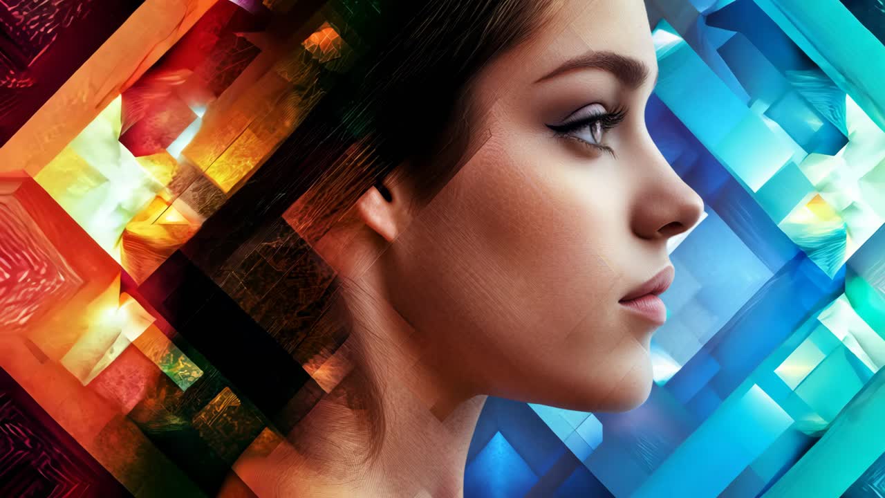 A woman's face is shown in a colorful, abstract style. The image is a work of art that captures the essence of the woman's features in a unique and creative way