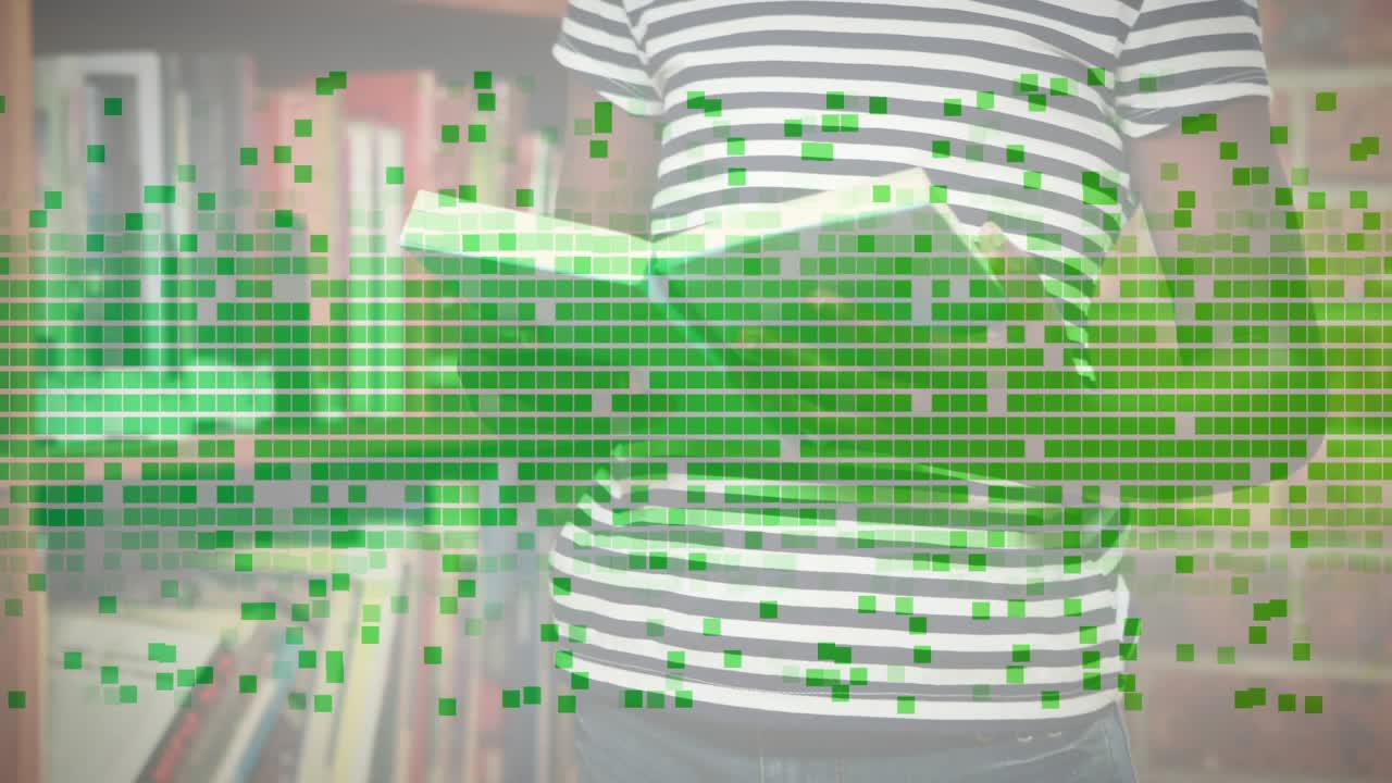 Girl opening light-blue book in library for education and turning pages for studying illustrations