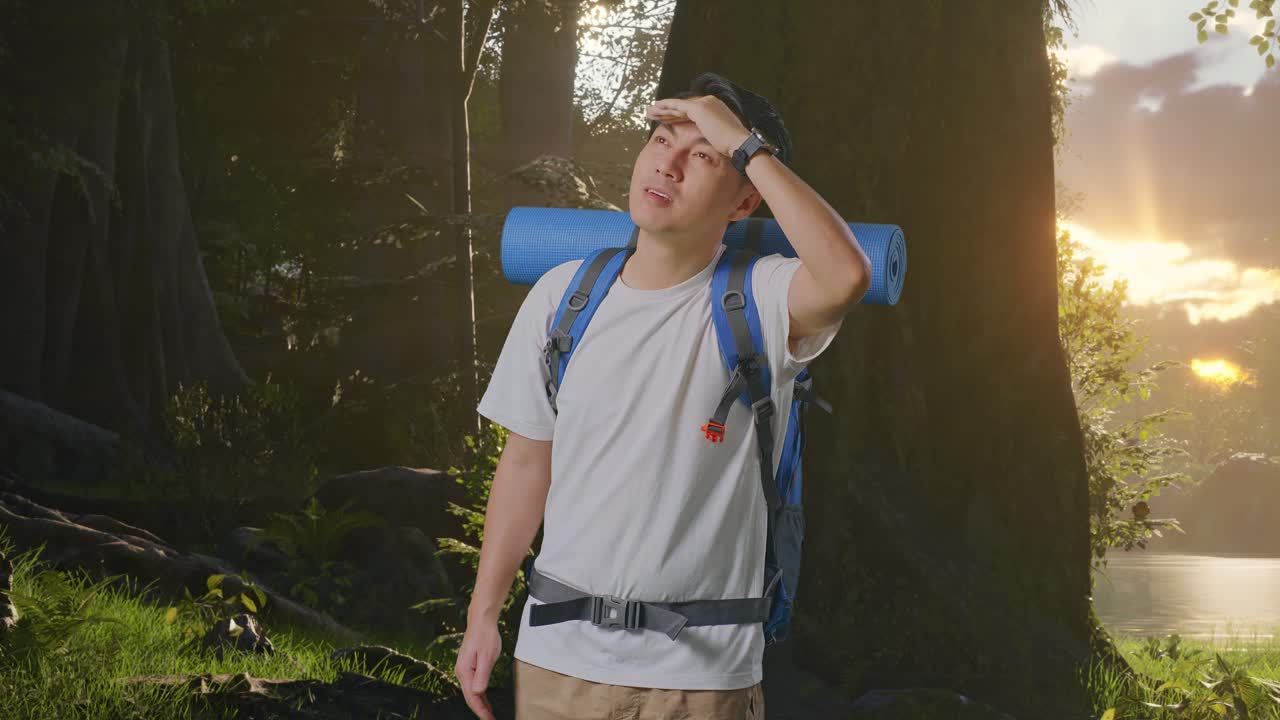 일몰 에 숲 에서 피곤 한 산책자