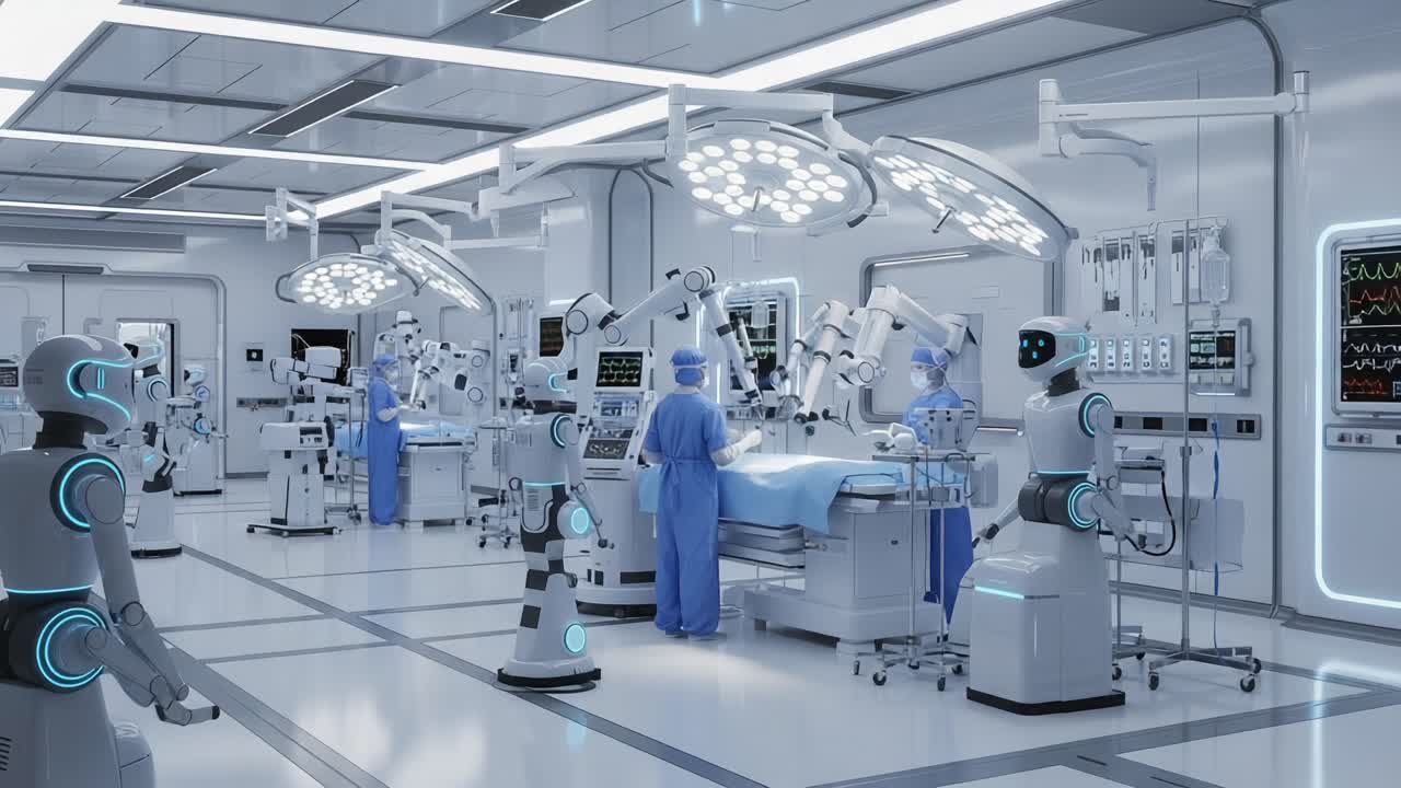 Advanced Robotic Surgery Room with Medical Professionals and Automated Systems in a High-Tech Healthcare Environment
