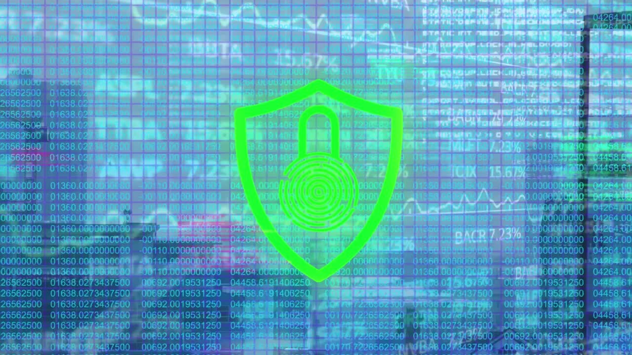 animación de cerraduras digitales y procesamiento de datos financieros en el paisaje urbano.