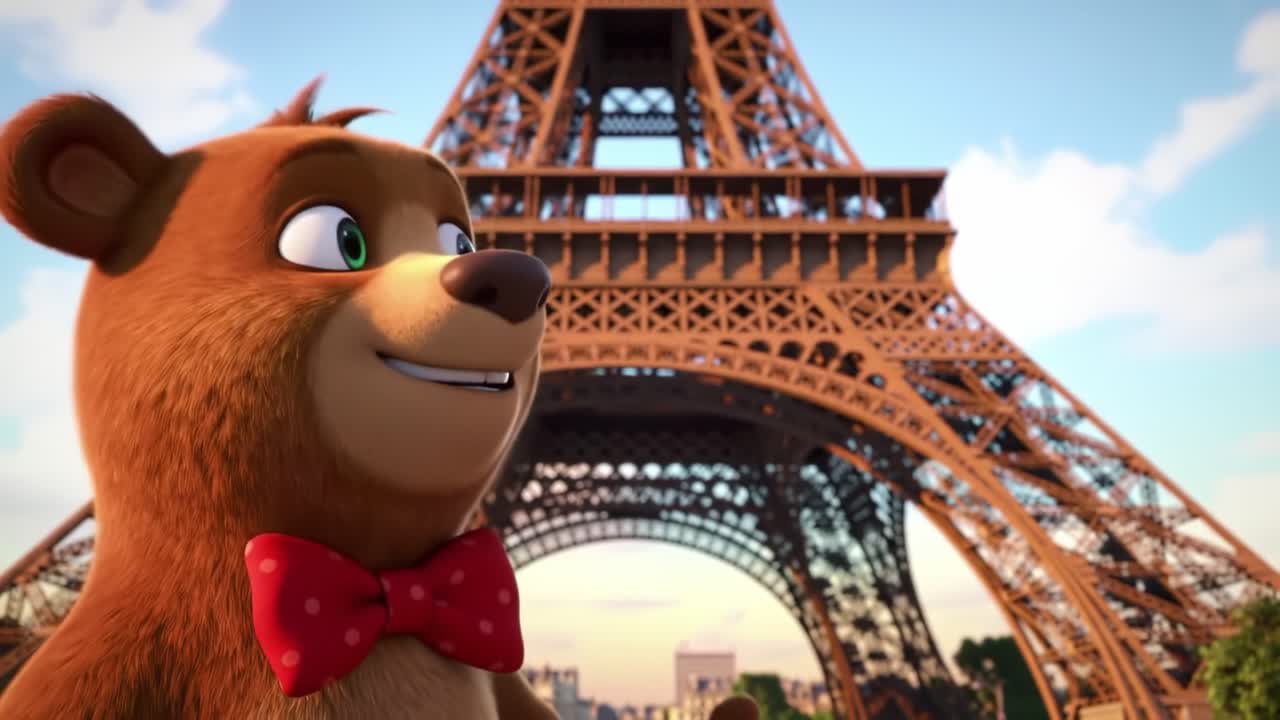Un encantador oso animado con pajarita disfruta de la emblemática Torre Eiffel con un cielo brillante de fondo en una vibrante escena capturada en dos fotogramas memorables