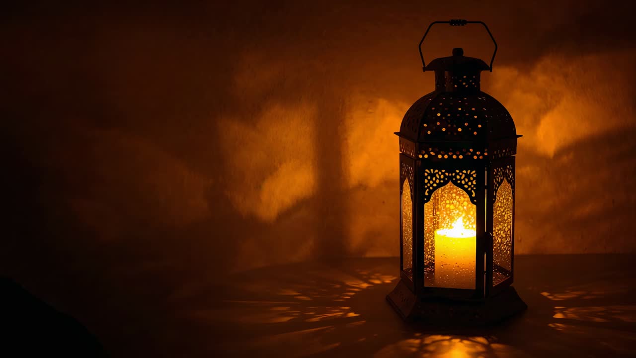 Glowing lantern casting moving shades on table by wall, lit candle flicking from draft, copy space