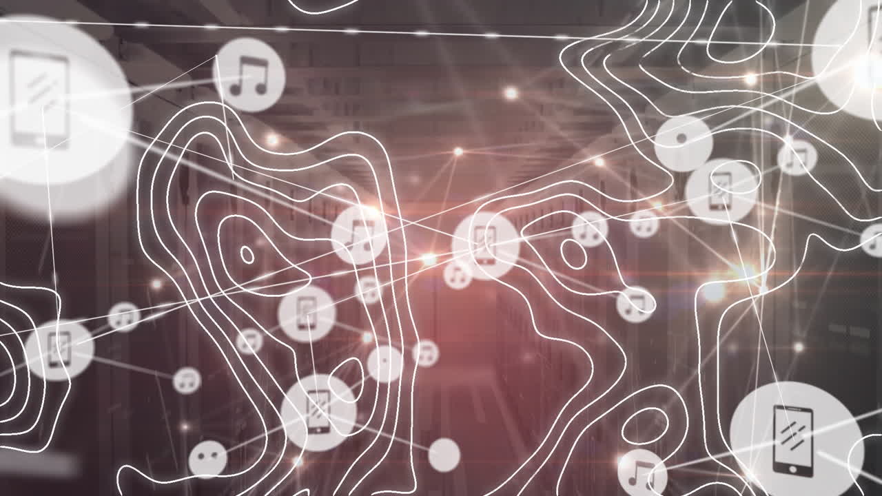 animación de la red de conexiones con iconos y formas sobre la sala del servidor