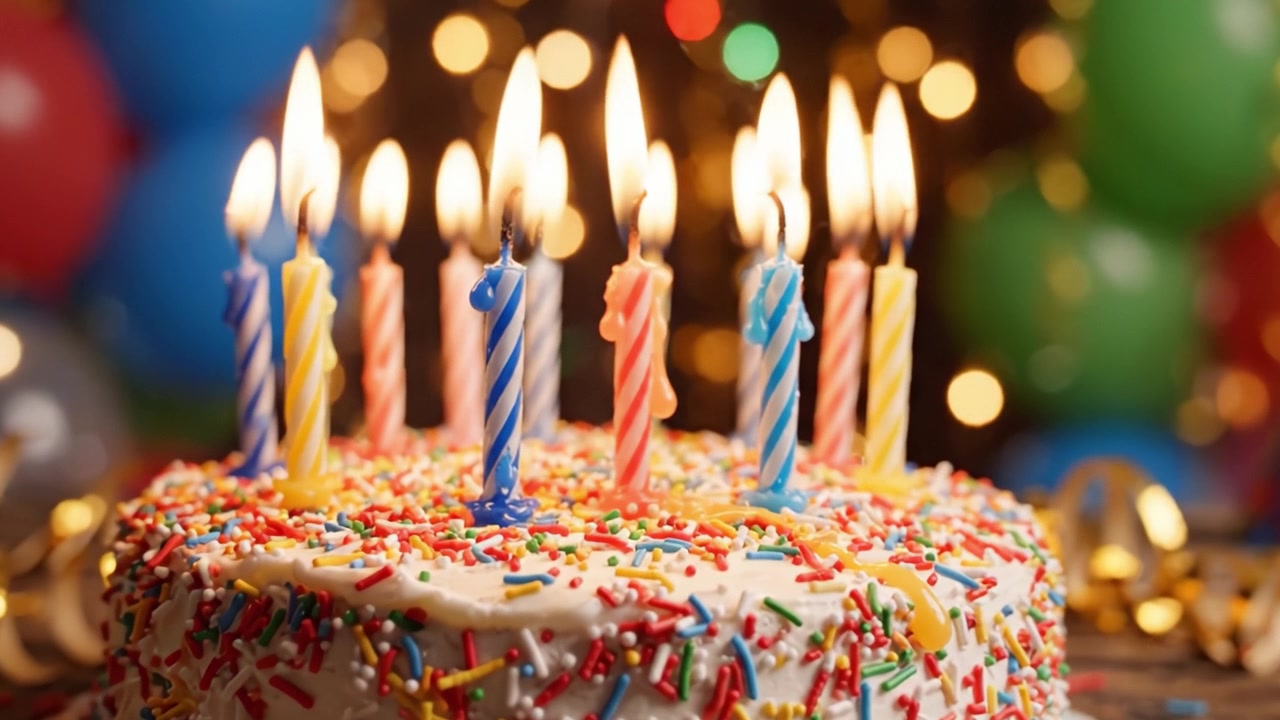 Una celebrazione vivace con una torta di compleanno colorata circondata da luci scintillanti e decorazioni festive, con candele accese pronte per essere spente.