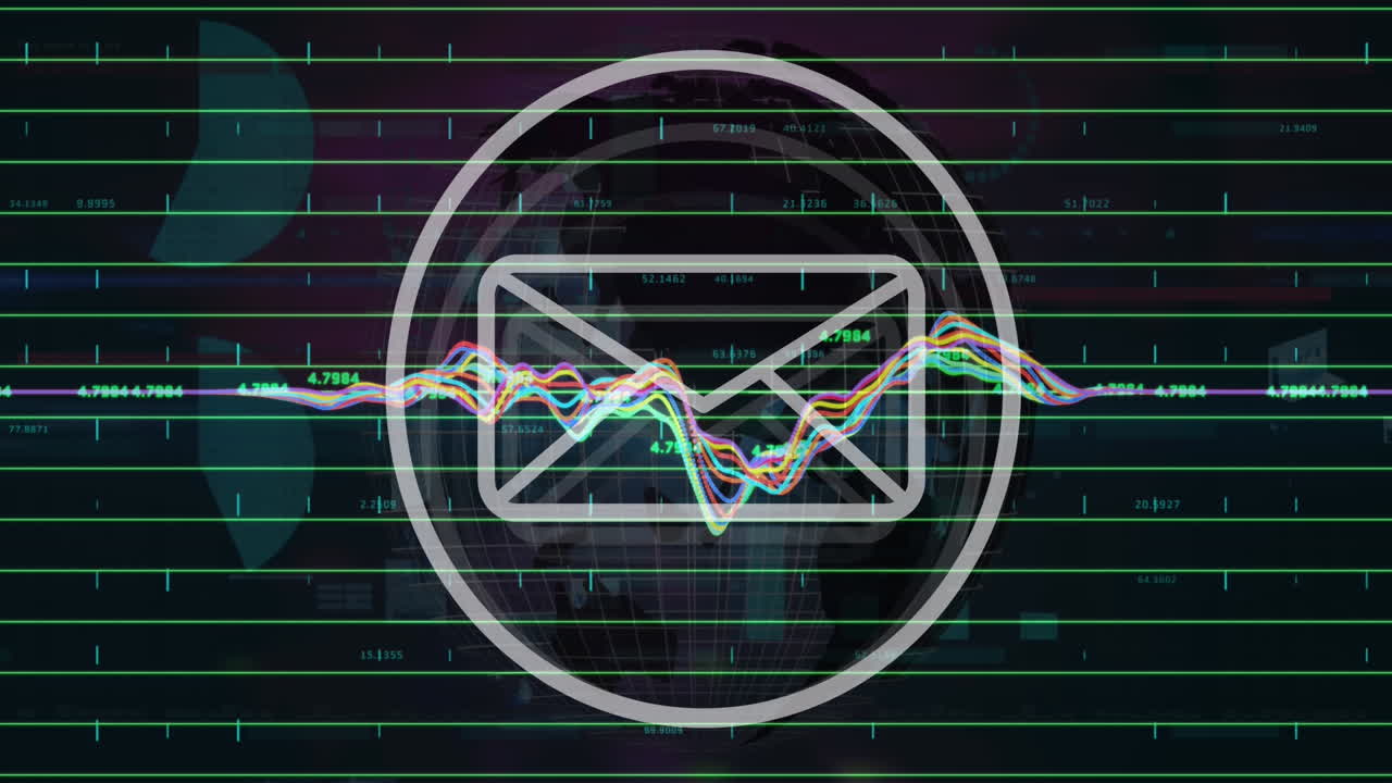 Animation of message icon over statistical data processing over spinning globe on black background