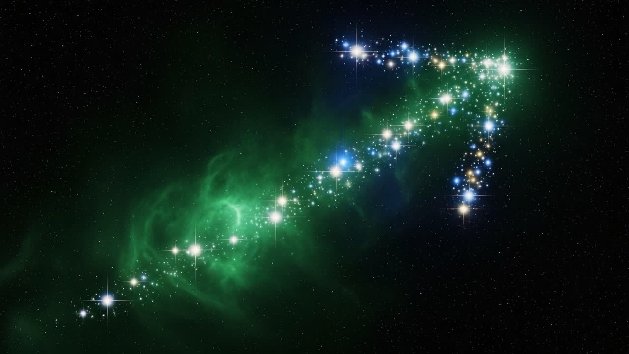 A Stunning Cosmic Arrow: A Celestial Formation Illuminated Amidst the Depths of Space, Showcasing Brilliant Stars and Ethereal Green Nebulae Emphasizing the Vast Universe