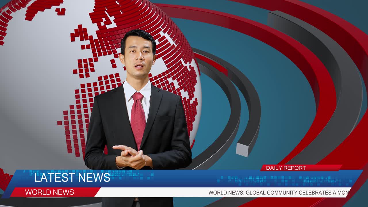Live News Studio With Asian Professional Male Anchor Reporting On The Events Of The Day. Television Channel Newsroom With Newscaster Talking. Running Ticker Shows World, Business, Politics, Sports News