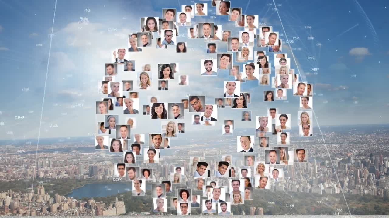 다양한 사람들의 초상화와 도시 풍경에 대한 데이터 처리를 가진 지구의 애니메이션