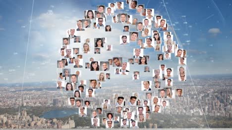 animación del globo con diversos retratos de personas y procesamiento de datos sobre el paisaje urbano
