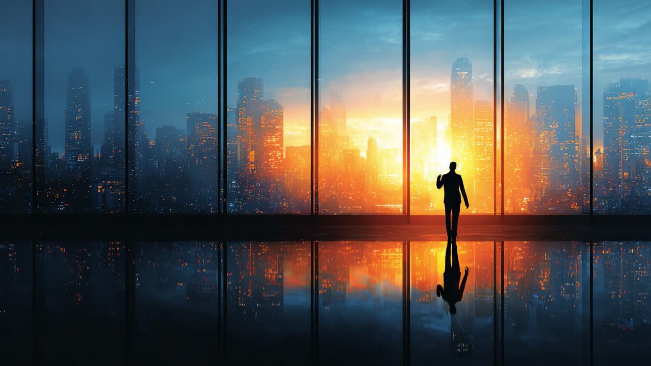 Une silhouette se découpe sur un horizon crépusculaire à couper le souffle, incarnant l'ambition et la réflexion tandis que les lumières de la ville illuminent les fenêtres en verre d'un immeuble de grande hauteur